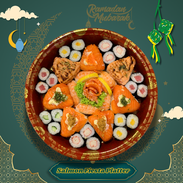 🌙 Salmon Fiesta Platter (26 pcs) + Onigiri (7 pcs) + Sashimi